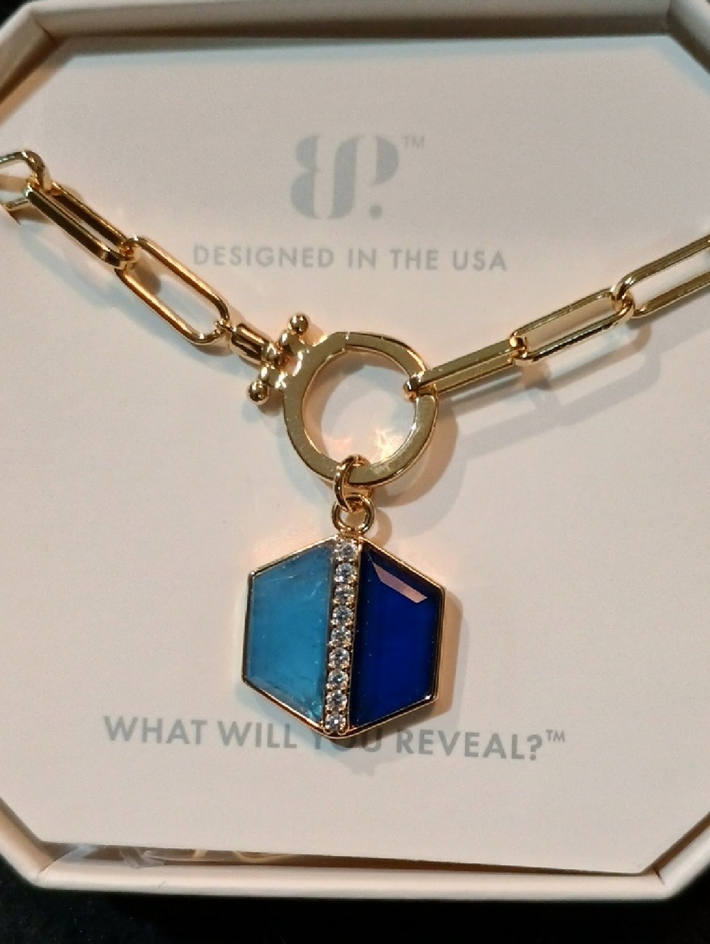 bp Gold-Tone Link Necklace with Light Blue and Dark Blue Hexagon Pendant